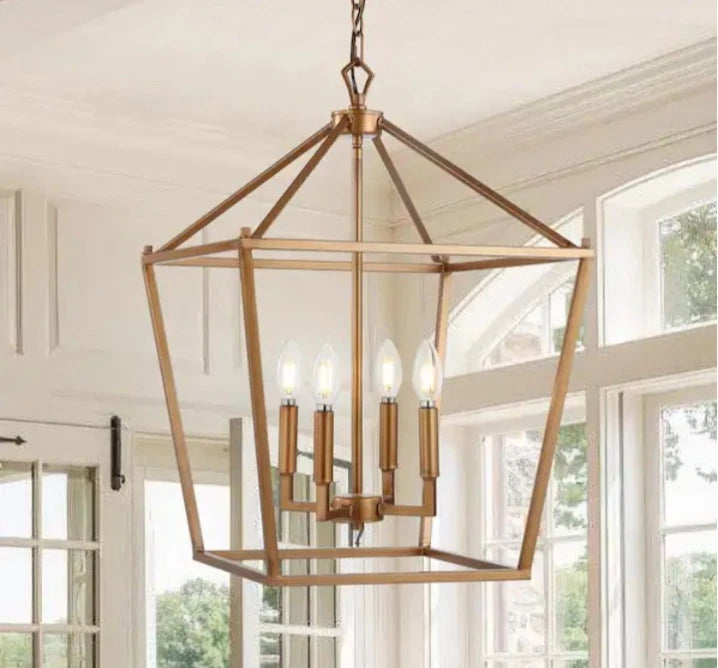 Pagoda 16 in. 4-Bulb Antique Gold Lantern Metal LED Pendant Open Box