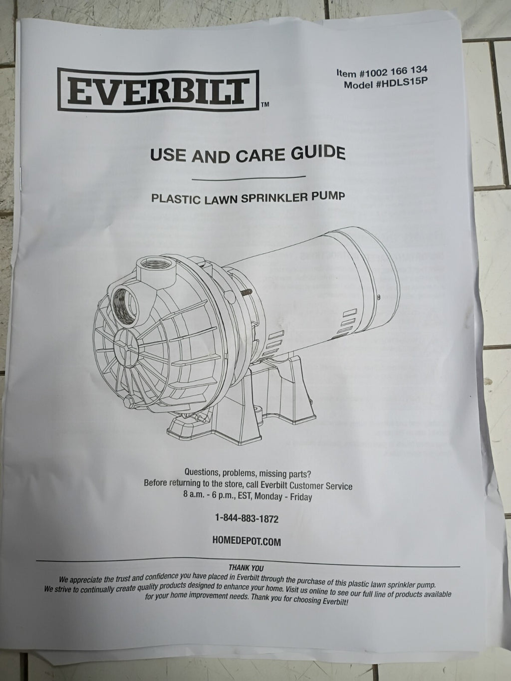 Everbilt HDLS15P, Lawn Irrigation Pump Plastic 1-1/2HP, 52 GPM **PARTS ONLY**