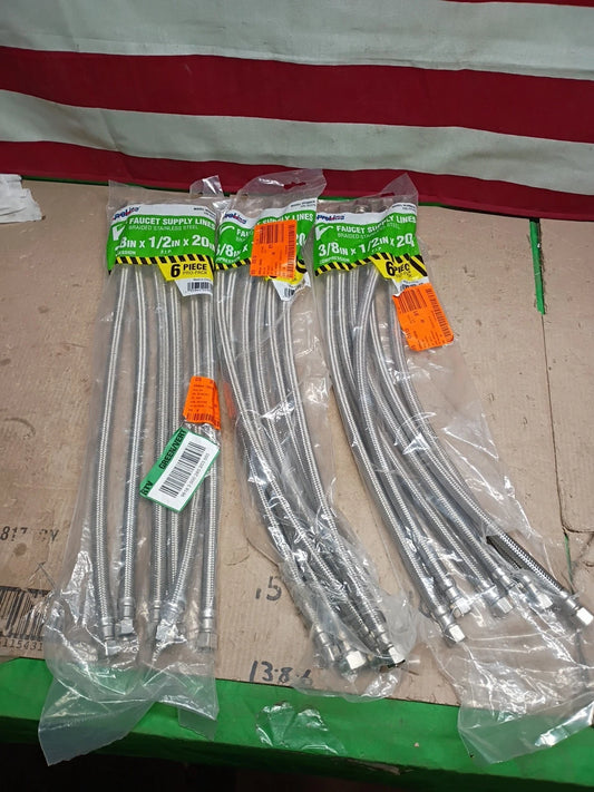 18pk ProLine 496-003P6, 3/8"X 1/2" FIP 20" Stainless Faucet Supply Line ,Openbox