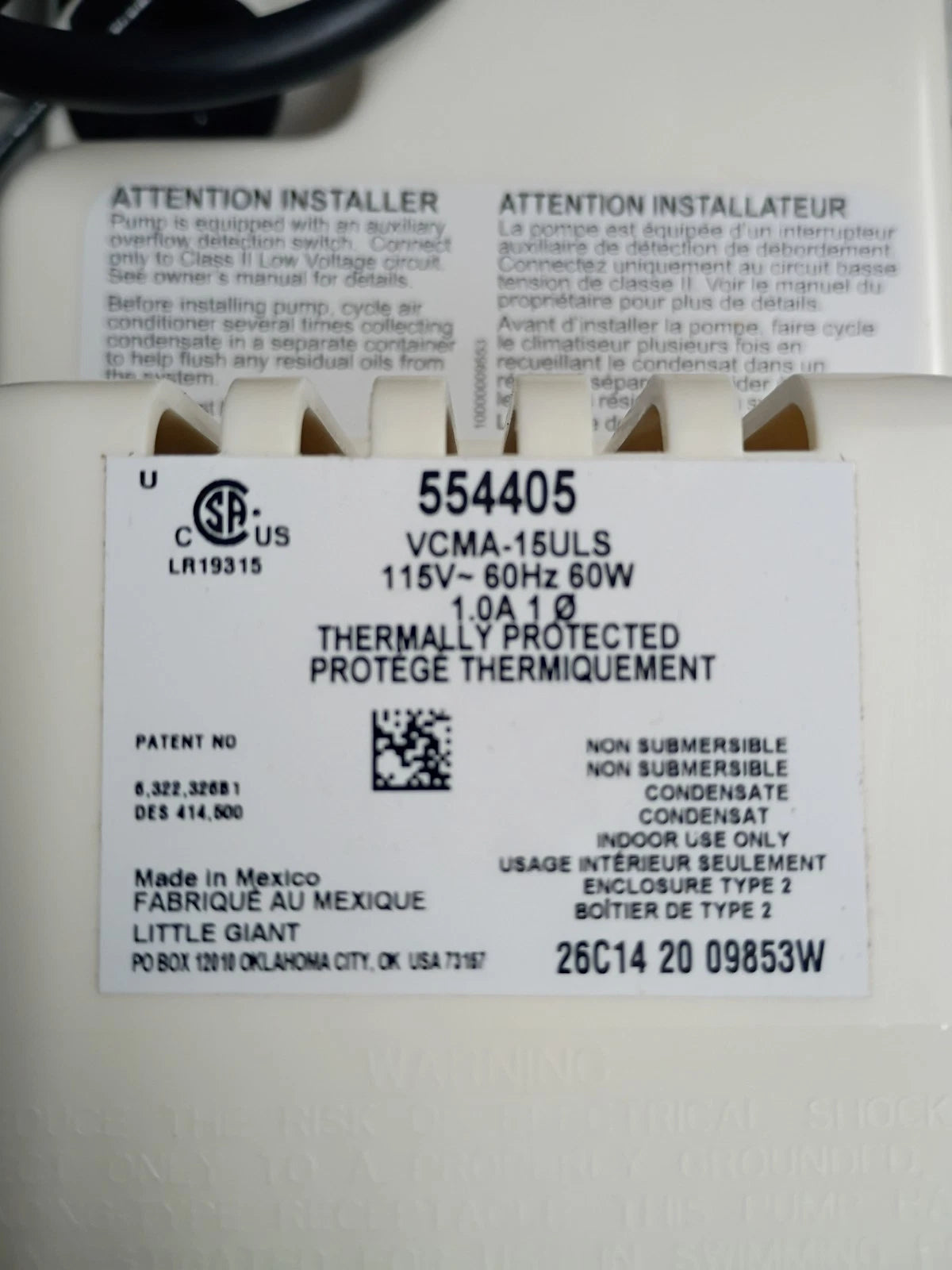 Brand New Little Giant VCMA-15ULS HP 115-Volt Condensate Pump w/Safety Switch OB
