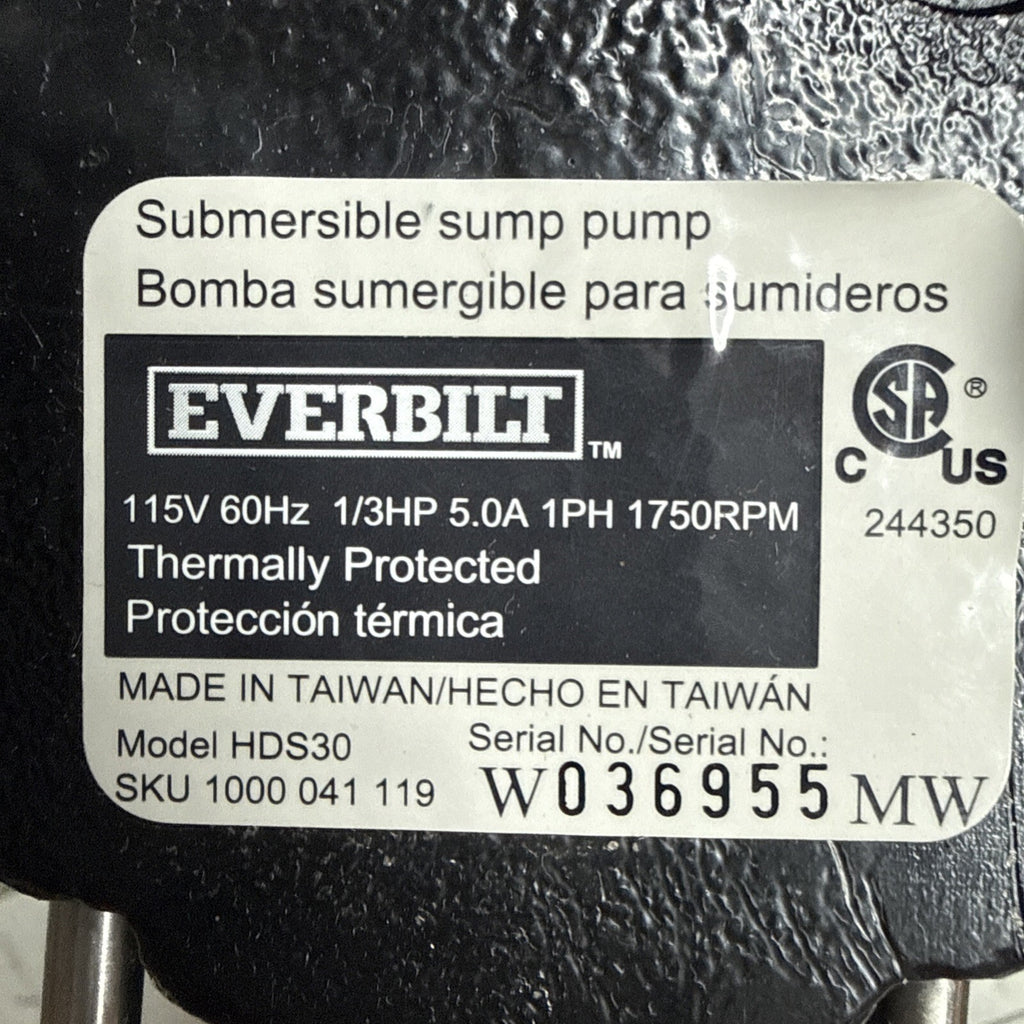 Everbilt HDS30 - 1/3 HP Cast Iron Submersible Sump Pump New Open Box