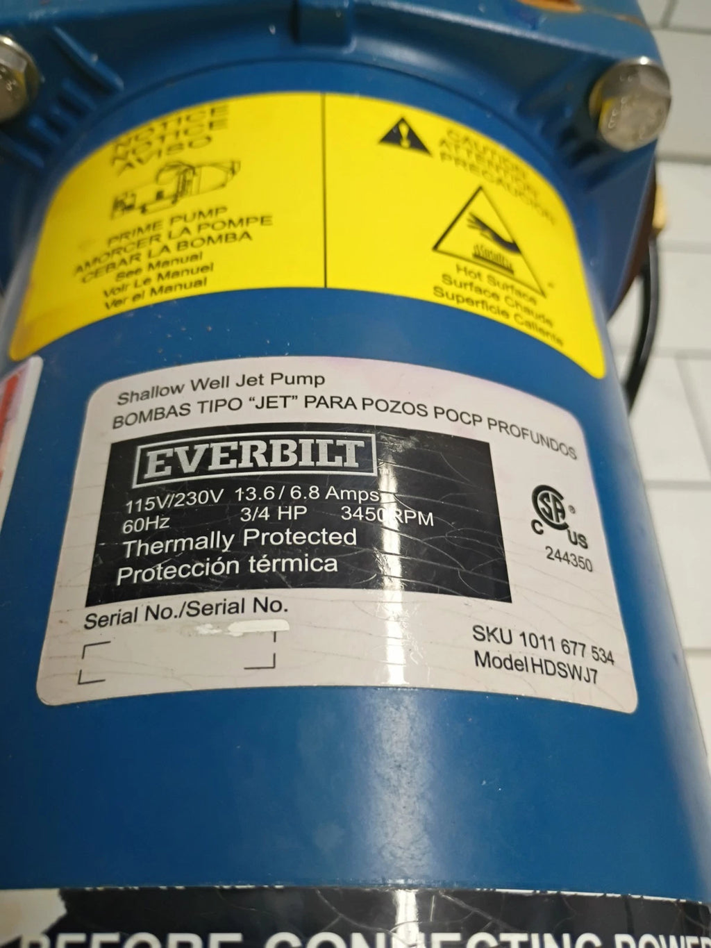 Everbilt HDSWJ 3/4 HP Cast Iron Shallow Well Jet Pump *For Parts *