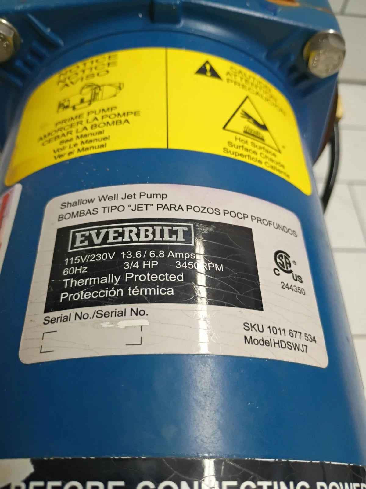Everbilt HDSWJ 3/4 HP Cast Iron Shallow Well Jet Pump *For Parts *