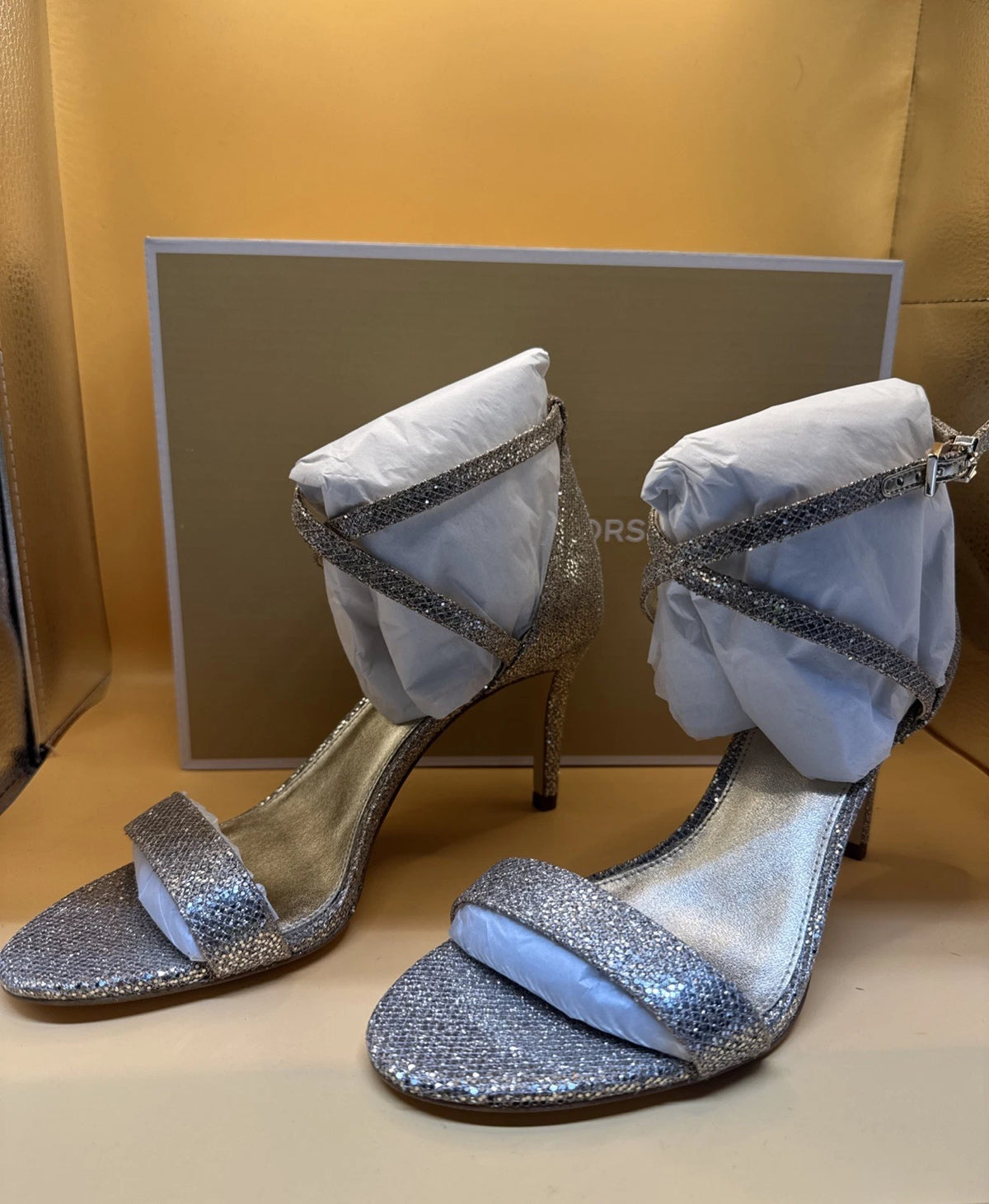Michael Kors Simone Mid Gold Glitter Strappy Slingback Sandal New w/Box Size 7M