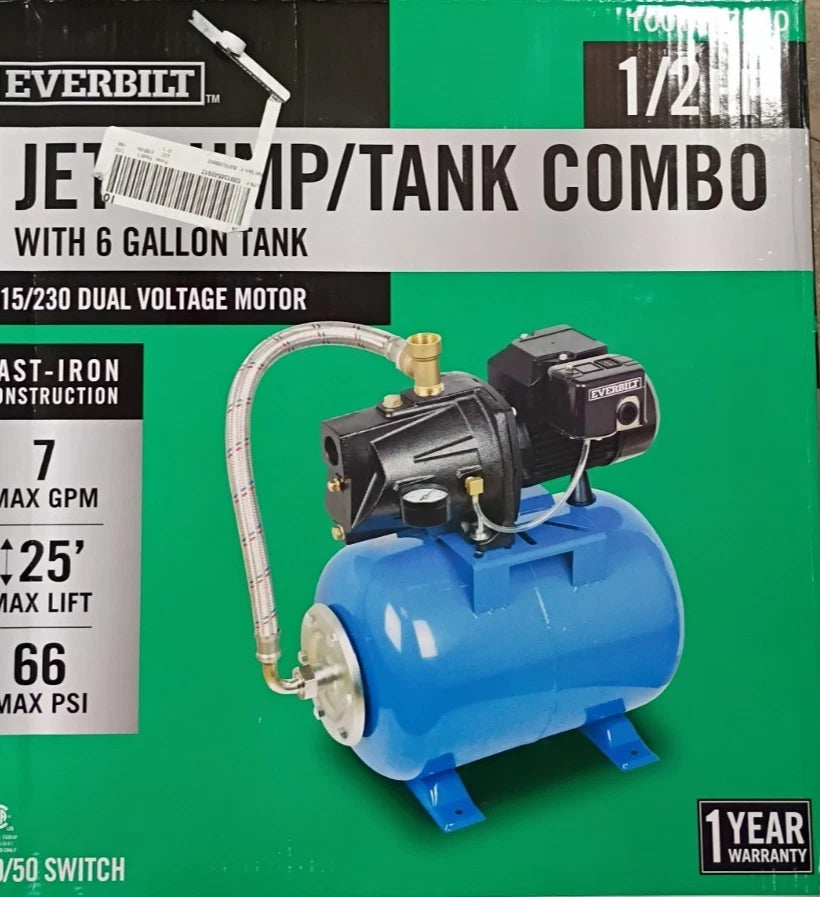 Everbilt 1/2HP Jet Pump/Tank Combo Cast iron with 6 Gallon Tank Open box