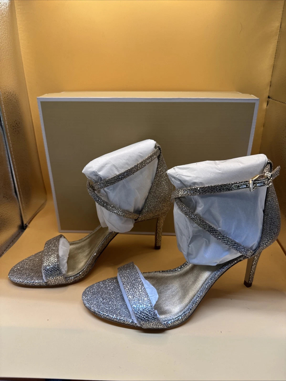 Michael Kors Simone Mid Gold Glitter Strappy Slingback Sandal New w/Box Size 7M