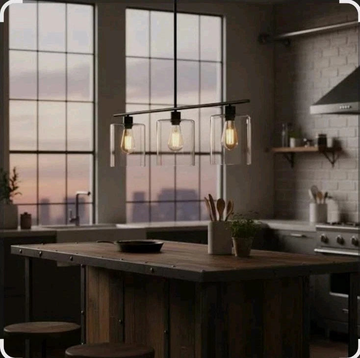 3 Light Modern Kitchen Island Pendant Light 5.5 Inch Clear Glass Brushed N