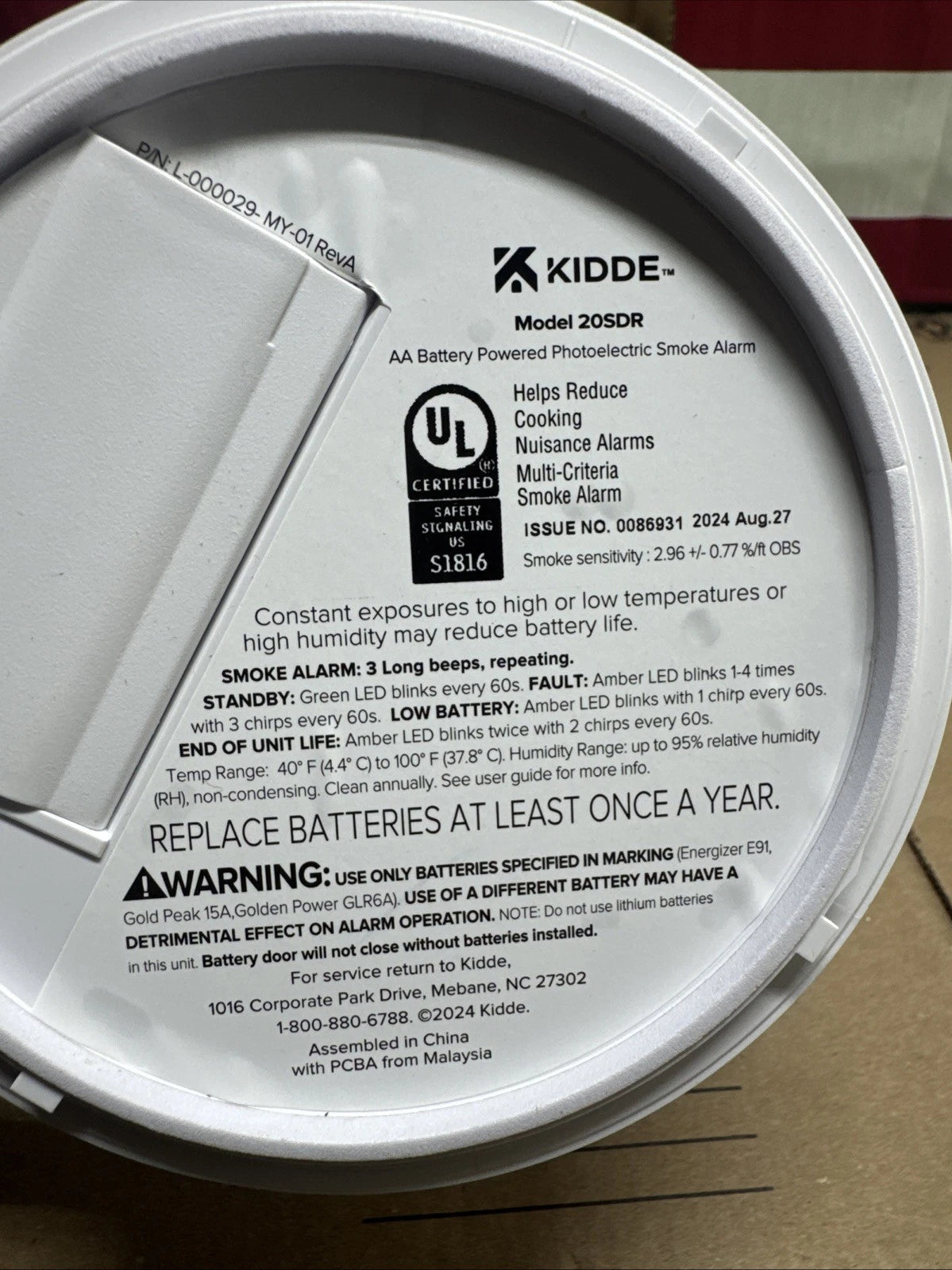 KIDDE 20SDR Photoelectric Smoke Alarm AA Battery Powered LED Warning