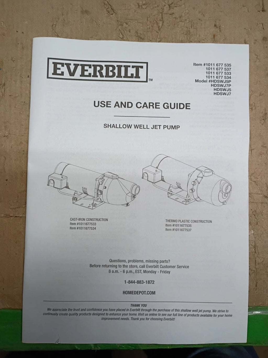 1/2 HP Everbilt Shallow Well Jet Pump Dual Voltage HDSWJ5P 25’ 11.5 GPM Parts