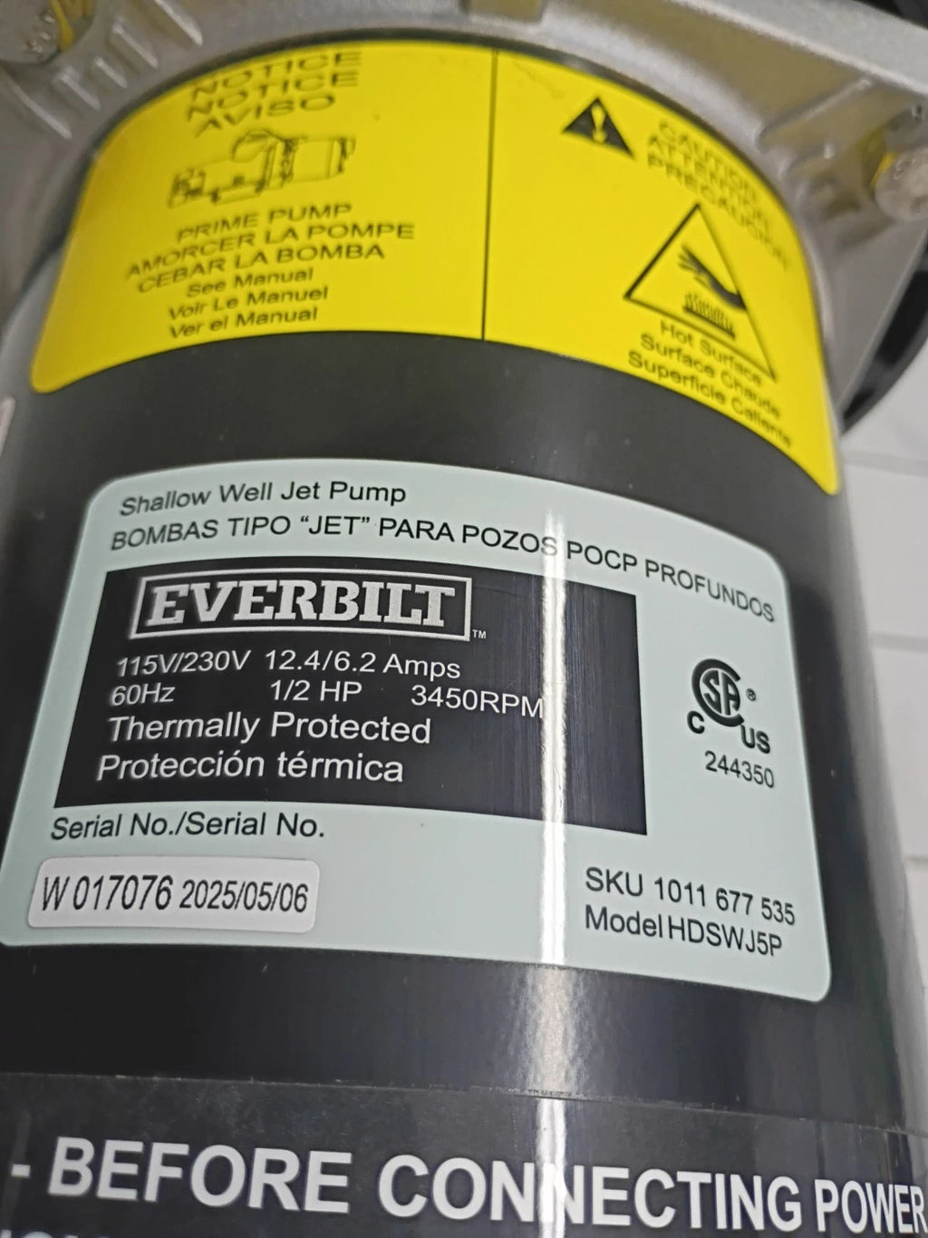 Everbilt HDSWH5P 1/2 HP Plastic Shallow Well Jet Pump New Open Box