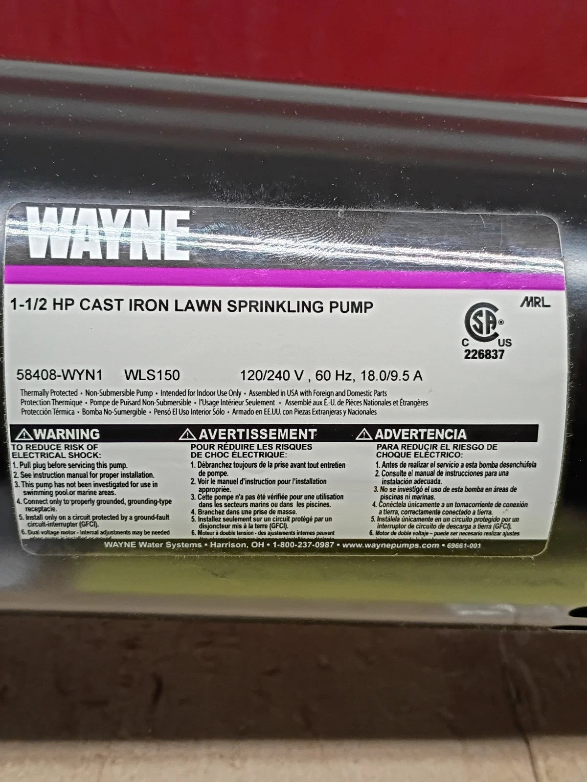 Wayne WLS150 1.5 HP High-Volume Cast-Iron Lawn Sprinkling Pump **READ DESCRIPT**