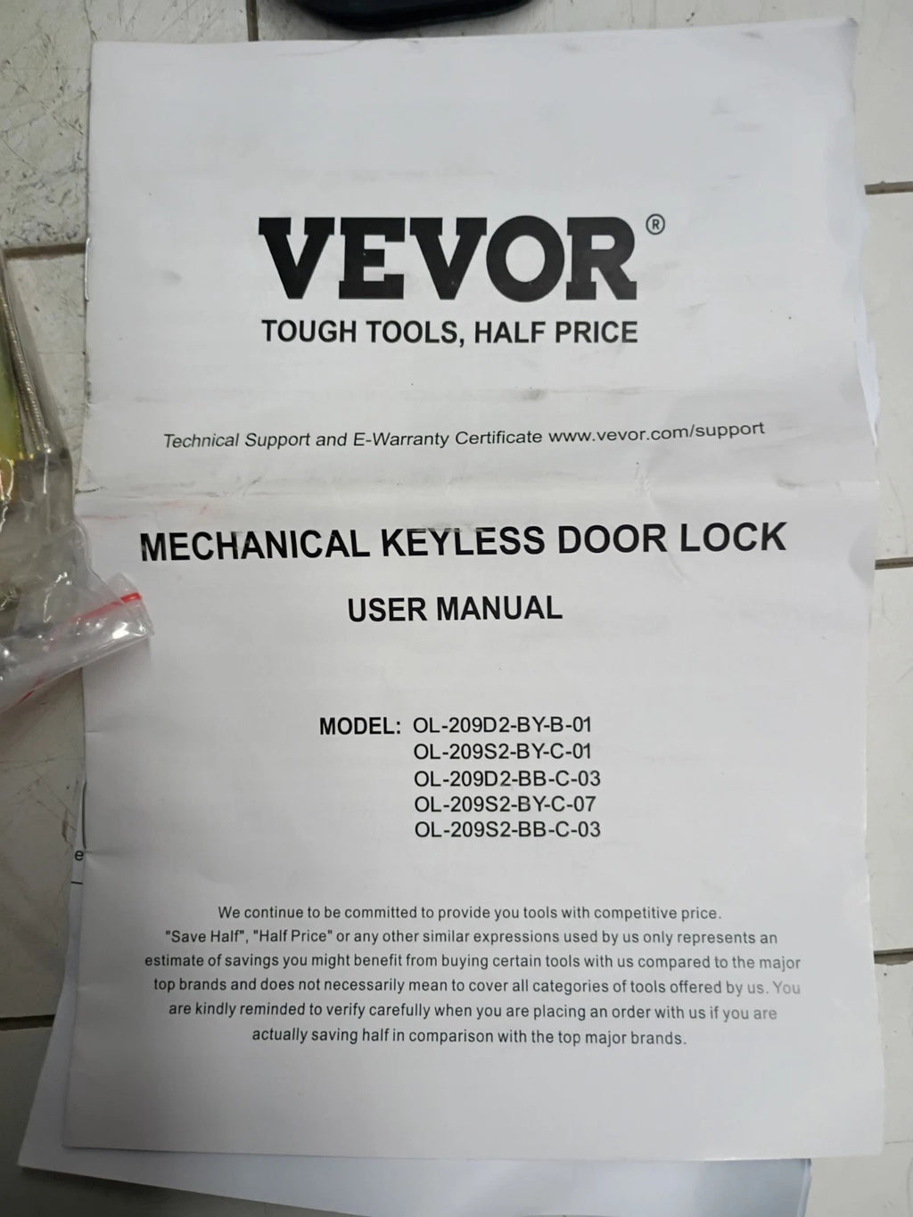 VEVOR OL-209S2-BY-C-01 Mechanical Keyless Entry Door Lock Black NEW OPEN BOX