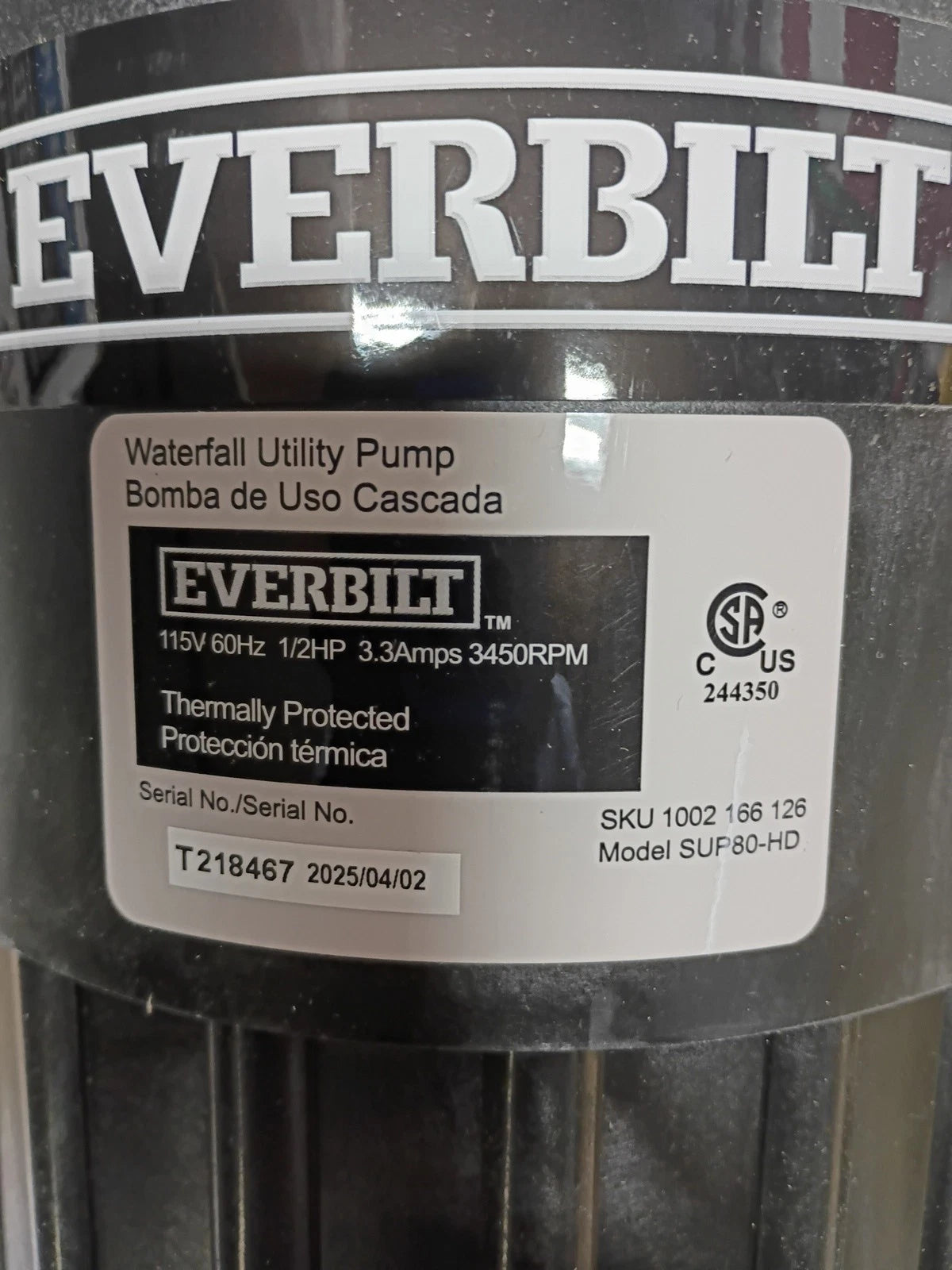 EVERBILT SUP80-HD Waterfall & Pond Pump 1/2 HP 53 GPM 26 Ft Max Vertical Lift