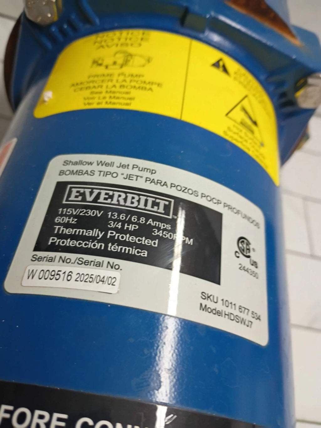 Everbilt HDSWJ7 3/4 HP Cast Iron Shallow Well Jet Pump *For Parts *