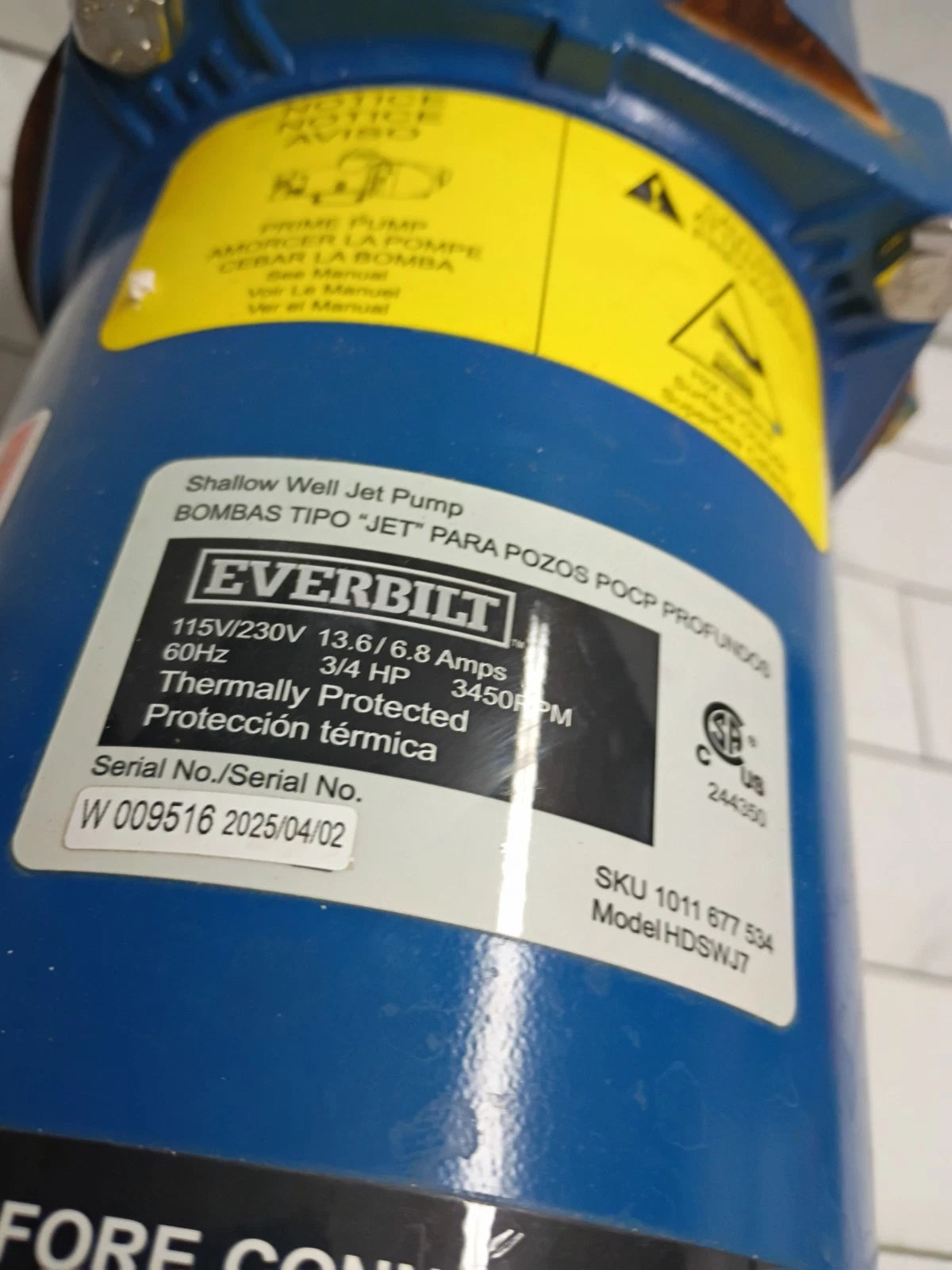 Everbilt HDSWJ7 3/4 HP Cast Iron Shallow Well Jet Pump *For Parts *