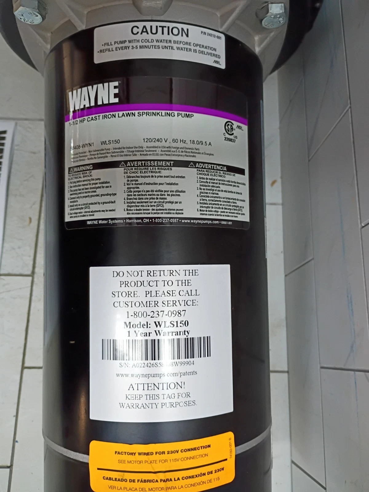 Wayne WLS150 1.5 HP High Volume Cast Iron Lawn Sprinkling Pump Open Box