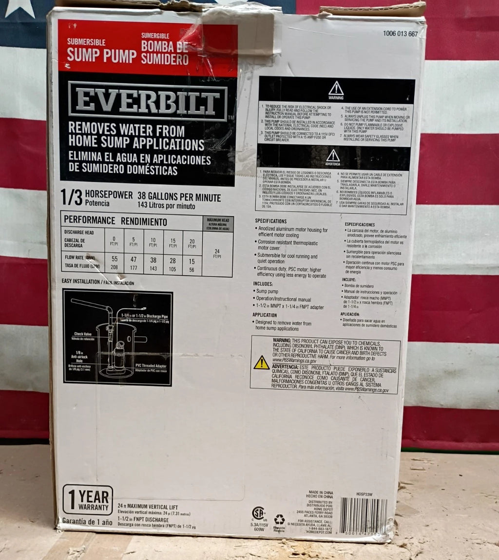 Everbilt 1/3 HP Corrosion Resistant Aluminum Sump Pump w/ Tether Switch OB.