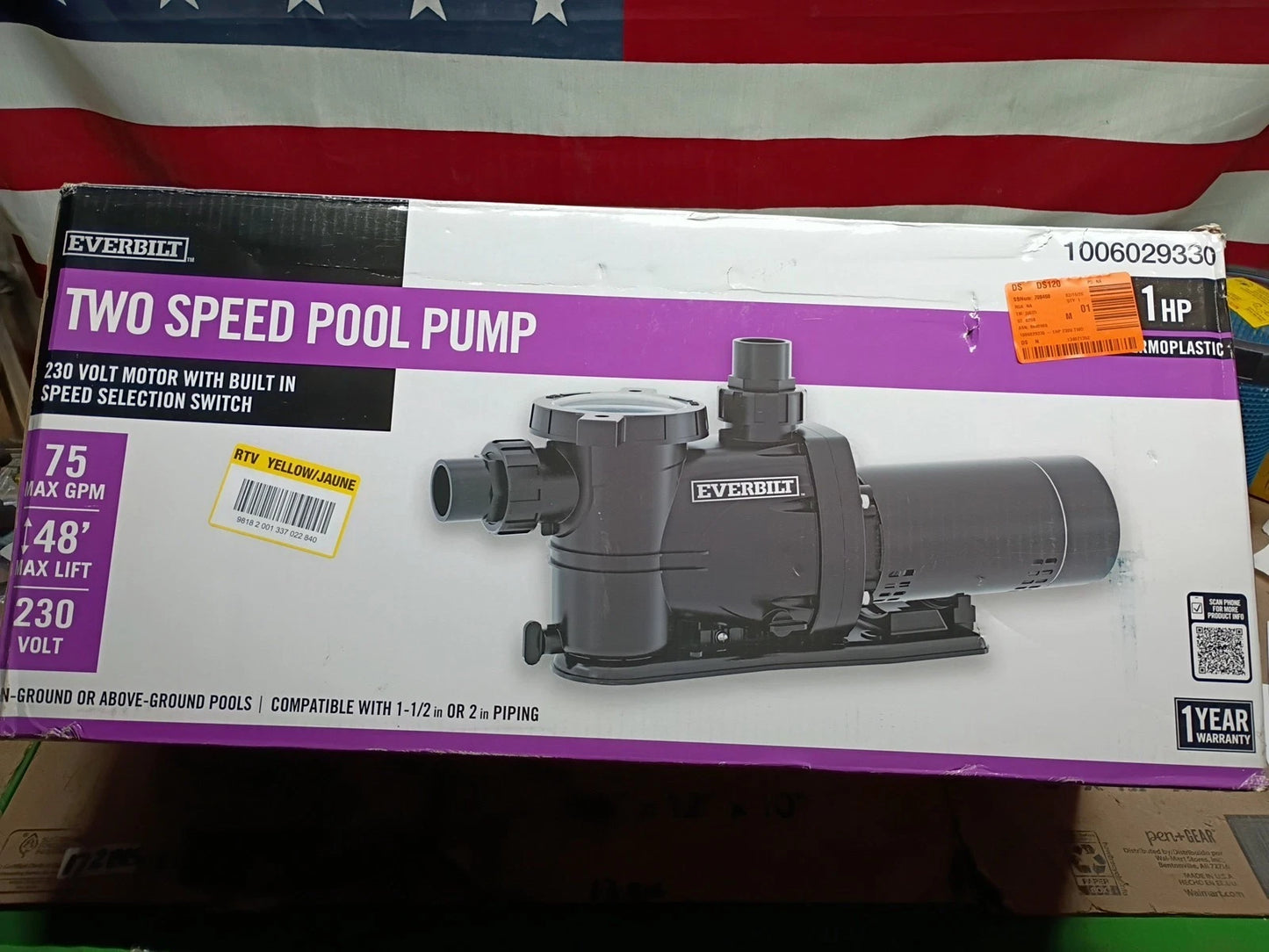 Everbilt 1HP 2 Speed Pool Pump 230 Volt Motor Above In ground Water 75 GPM, OB,
