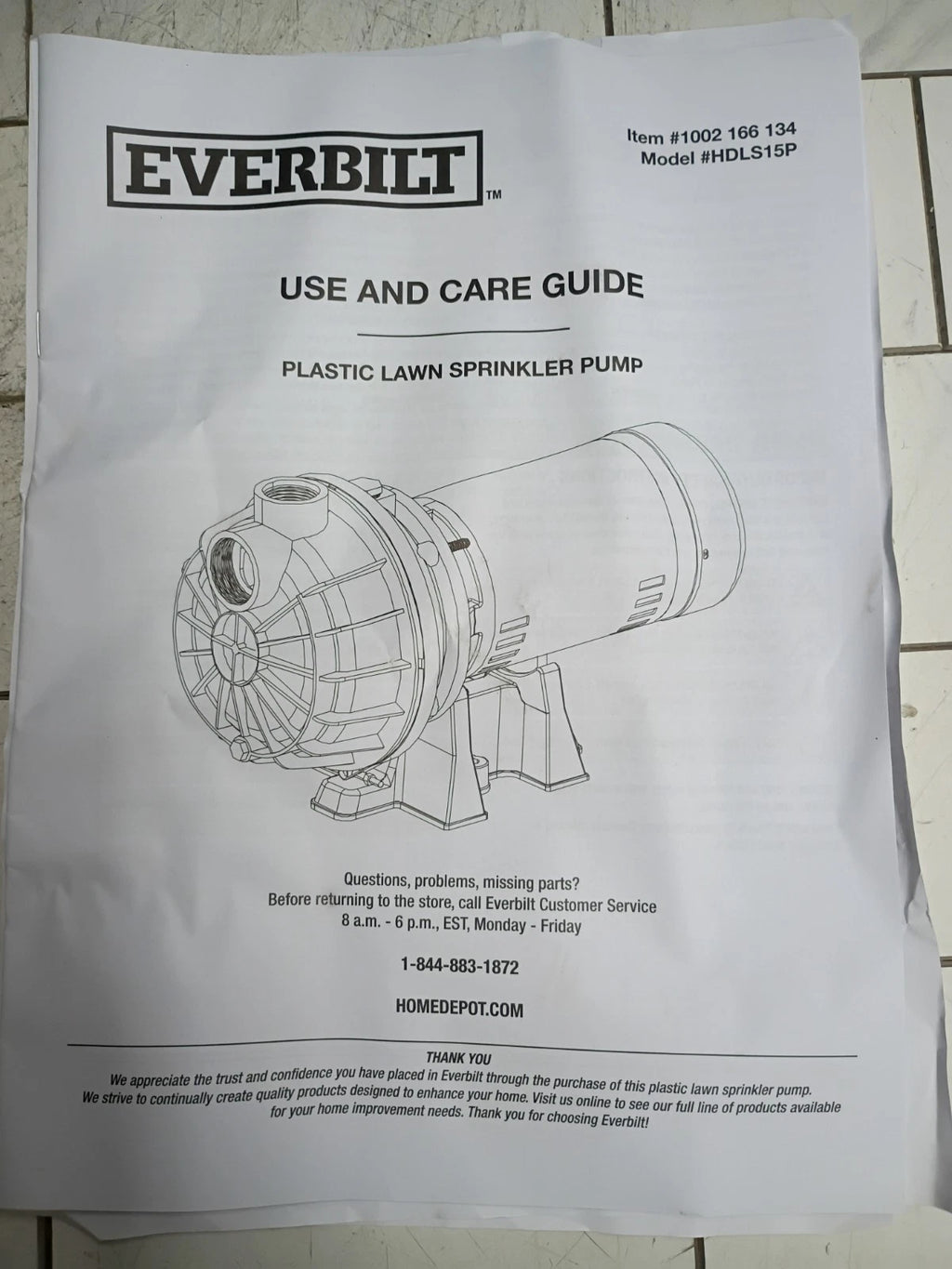 Everbilt HDLS15P, Lawn Irrigation Pump Plastic 1-1/2HP, 52 GPM **PARTS ONLY**