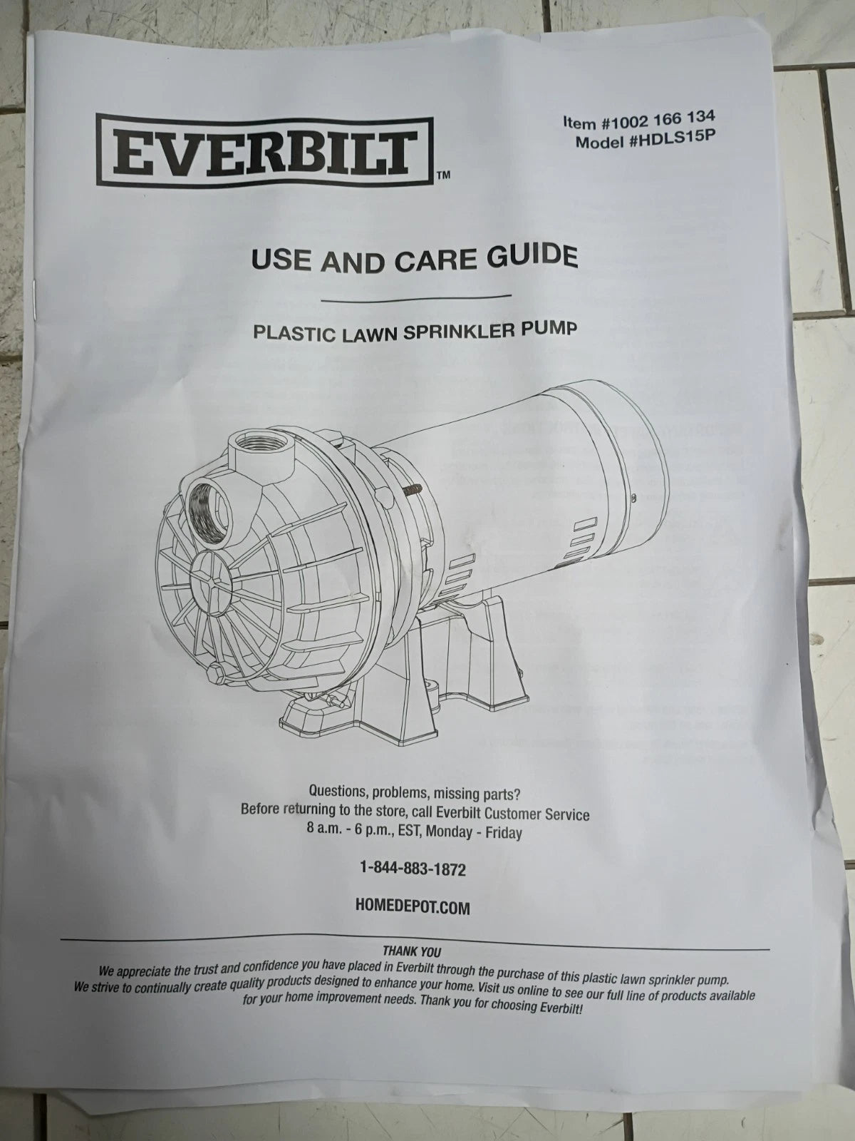 Everbilt HDLS15P, Lawn Irrigation Pump Plastic 1-1/2HP, 52 GPM **PARTS ONLY**