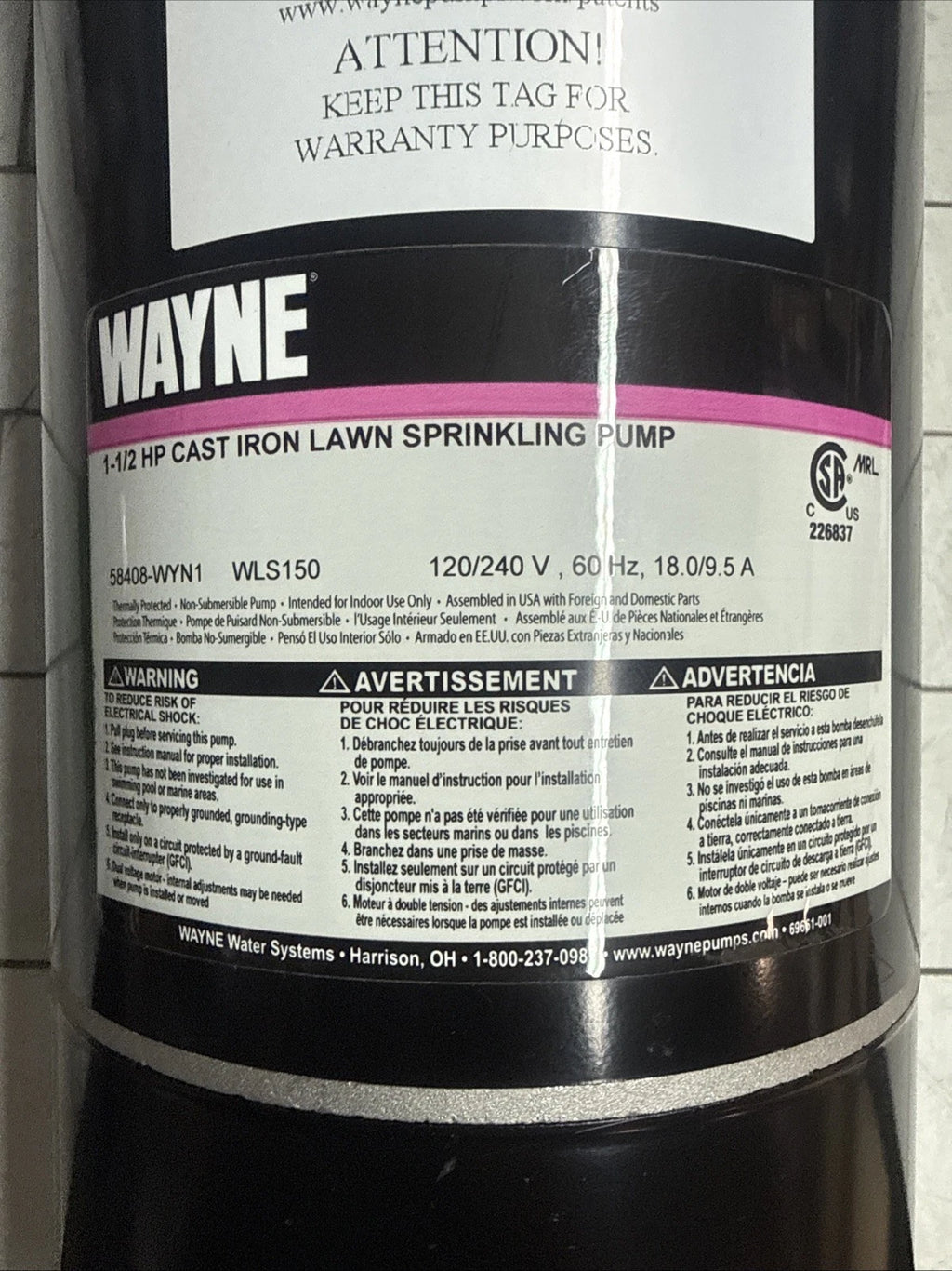 Wayne WLS150 1-1/2 HP Cast Iron Quick-Prime Lawn-irrigation Sprinkler Pump. NOB