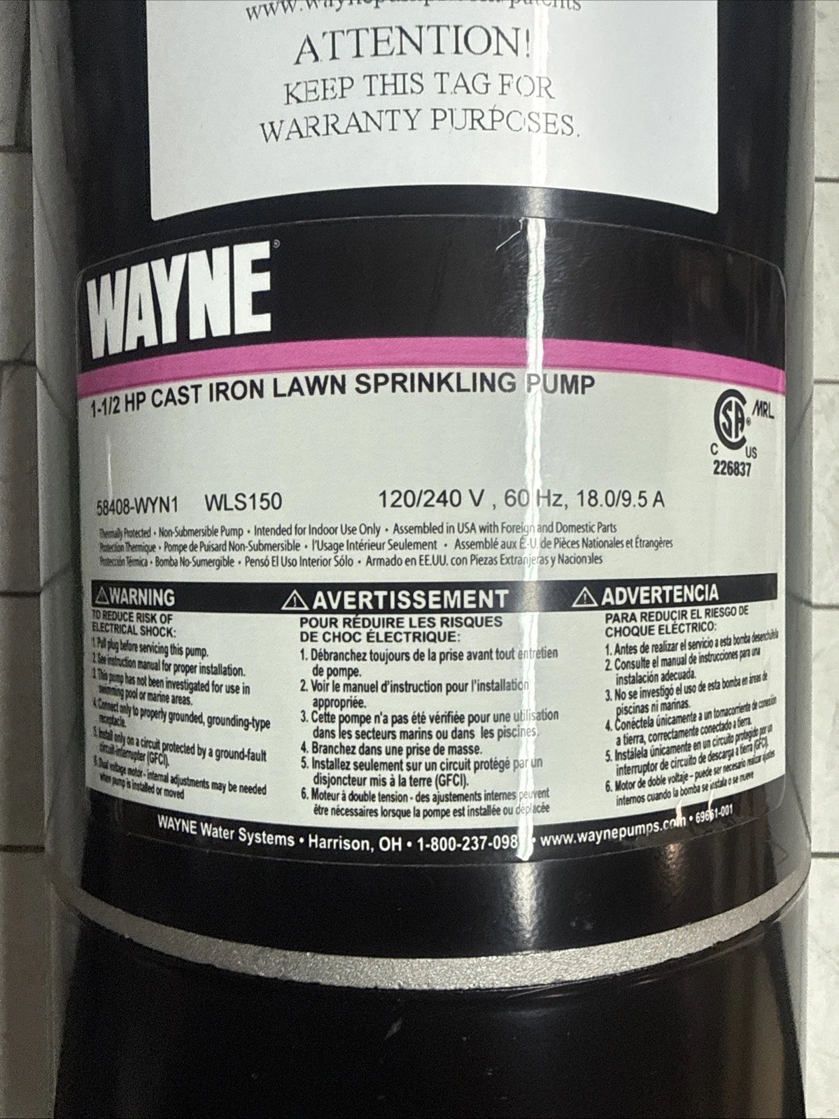 Wayne WLS150 1-1/2 HP Cast Iron Quick-Prime Lawn-irrigation Sprinkler Pump. NOB