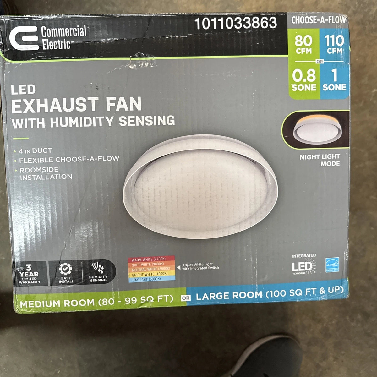 80/110 CFM Ceiling Mount Room Side Installation Round Bathroom Exhaust Fan w/LED