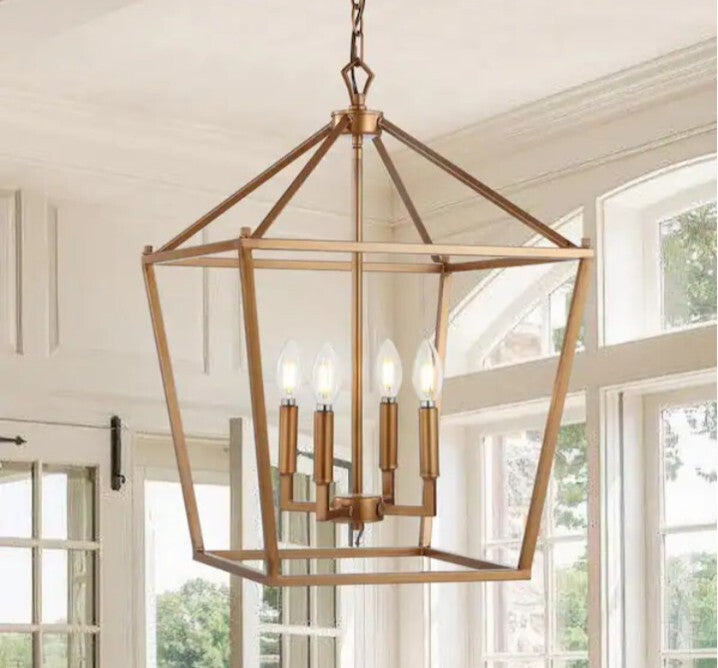 Pagoda 16 in. 4-Bulb Antique Gold Lantern Metal LED Pendant Open Box