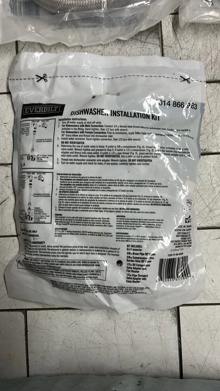 QTY of 4 Everbilt 7228-72-38-6EEB Dishwasher Installation Kit- Universal