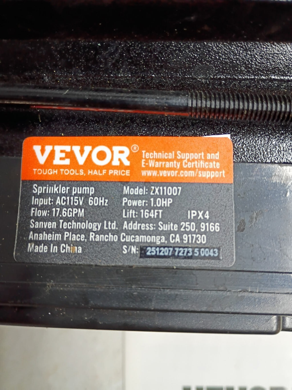 VEVOR ZX11007   1 HP Sprinkler Pump 16.6 GPM Max Flow 131' Max, Parts Only