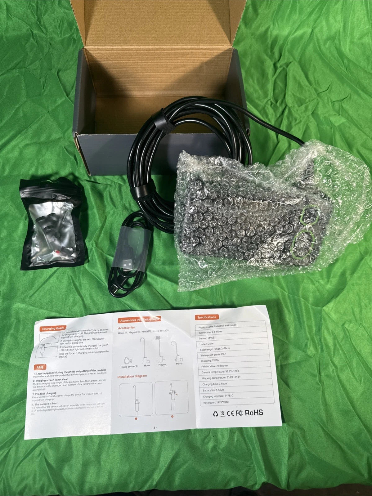 Dual Lens Borescope 4.3" Endoscope Camera w Light Waterproof 1080HD 16.5'