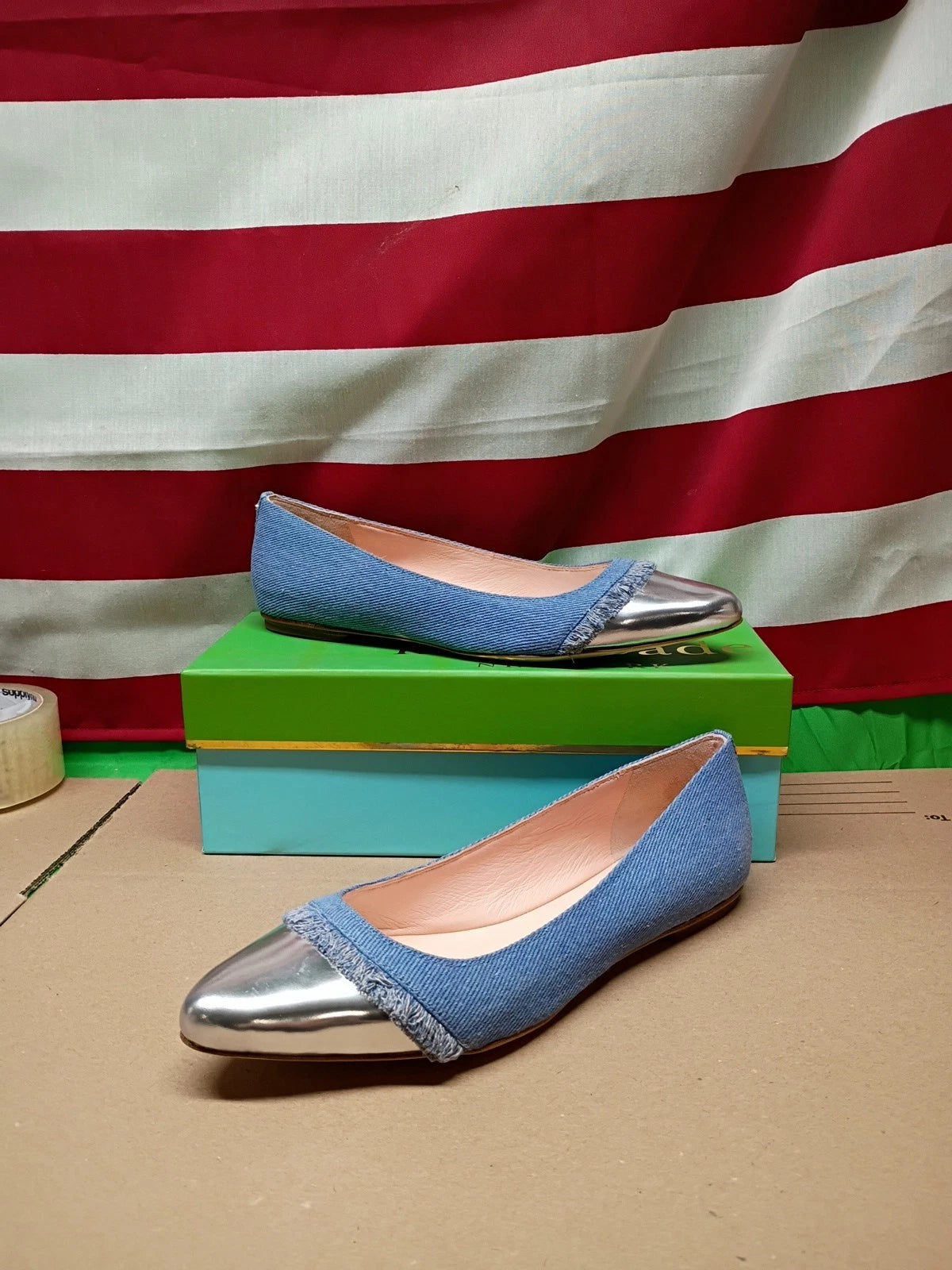 Kate Spade Nelly Denim Ballet Flats Silver Cap Toe Fringe Women 10M