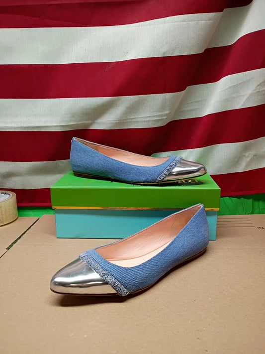 Kate Spade Nelly Denim Ballet Flats Silver Cap Toe Fringe Women 10M