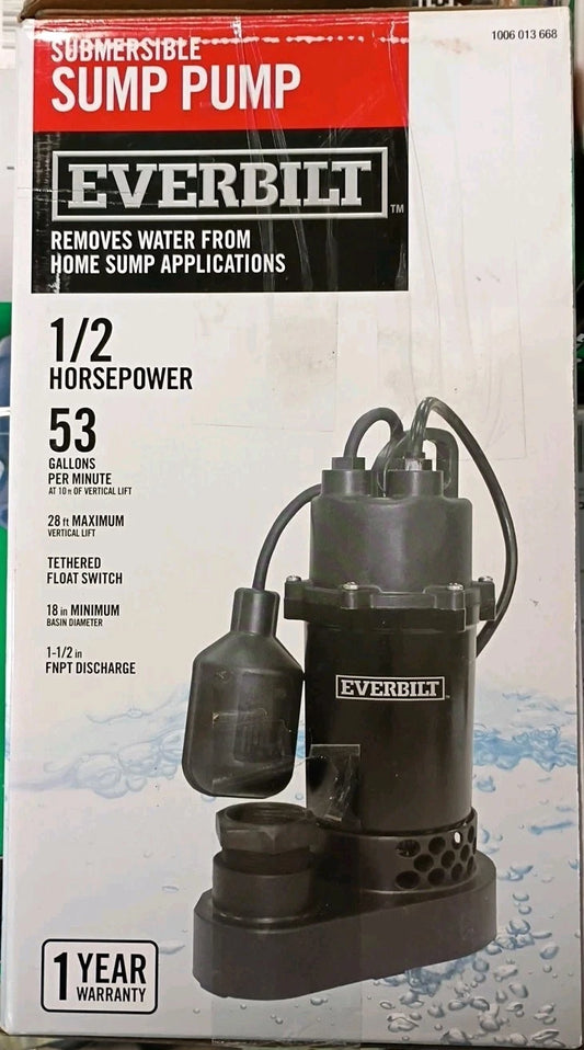 Everbilt HDSP50W 1/2 HP Submersible Aluminum Sump Pump with Tethered Switch