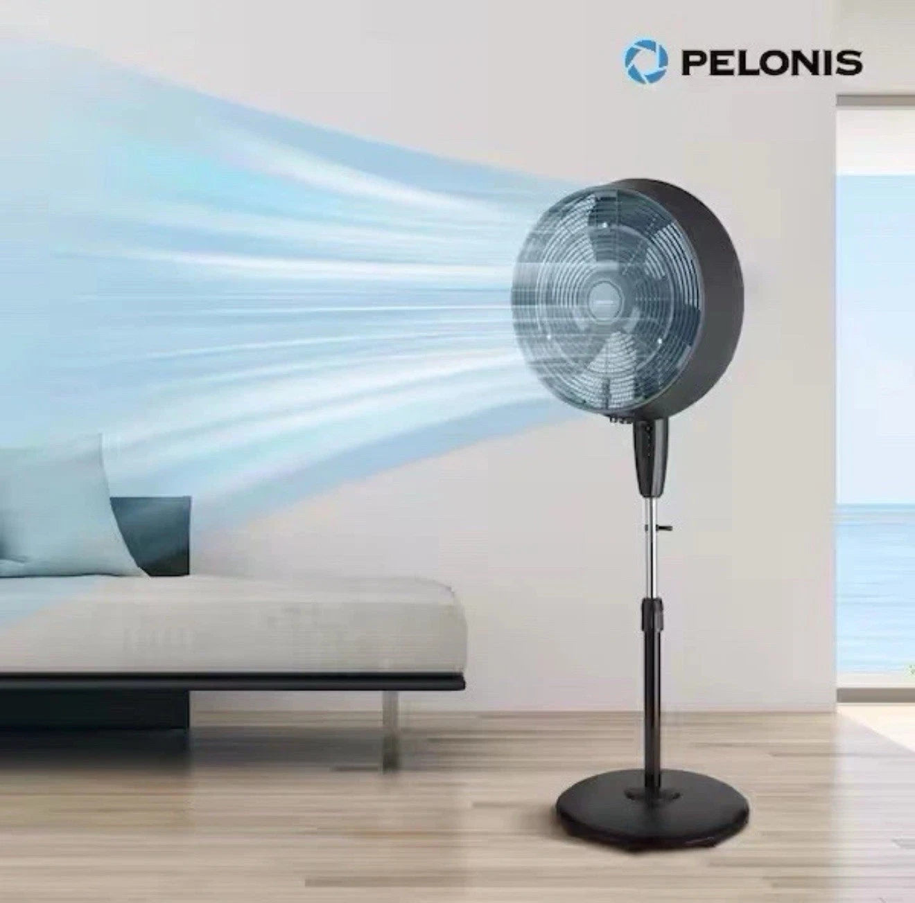 Pelonis 18 in. 3-Speed Outdoor Misting Pedestal Fan 1600 CFM Black.