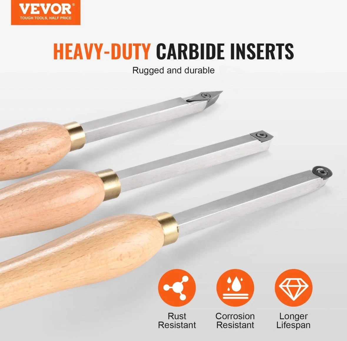 VEVOR Lathe Chisel Set 3PCS Wood Working Turning Tools Carbide Steel Toolbox