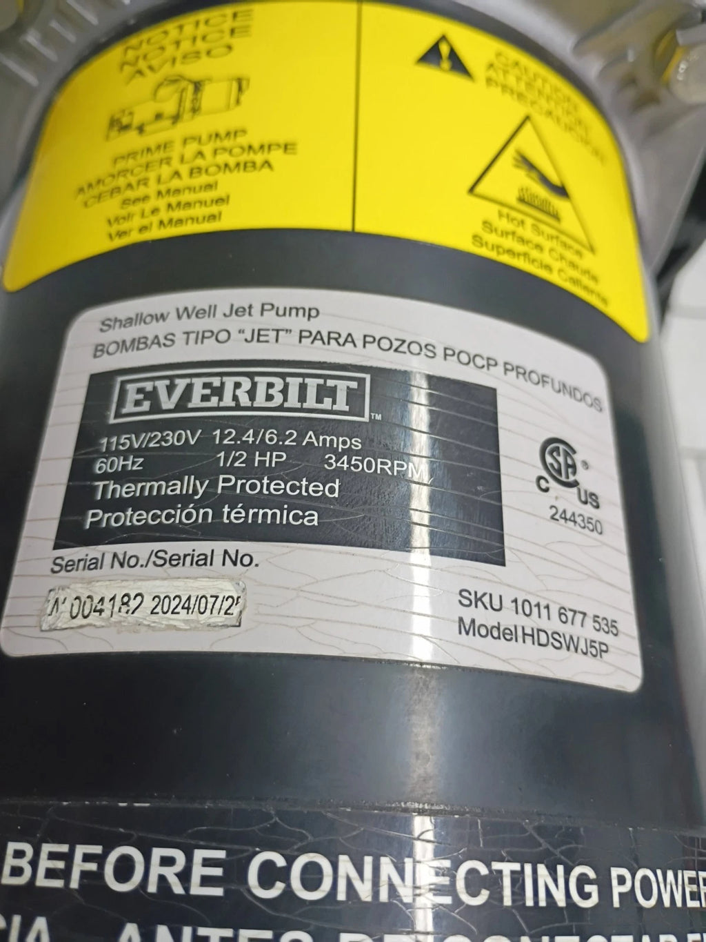 Everbilt HDSWH5P 1/2 HP Plastic Shallow Well Jet Pump New Open Box