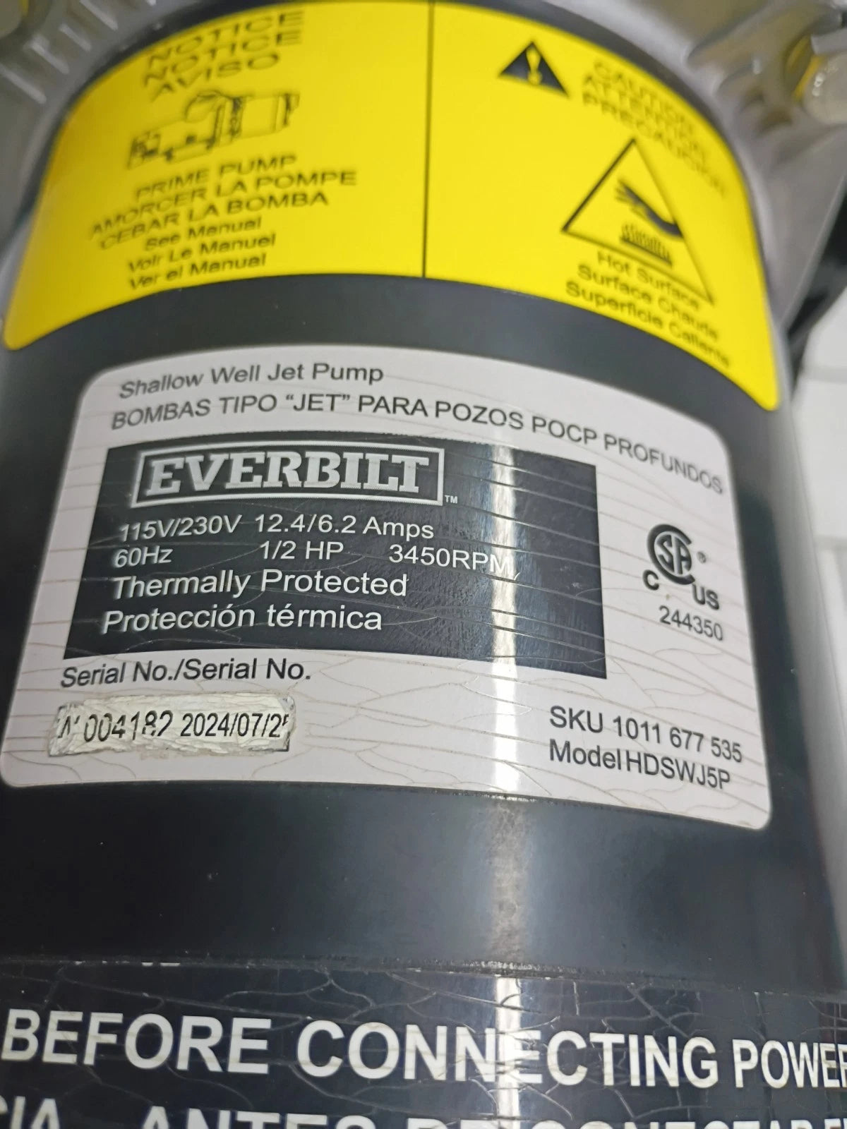Everbilt HDSWH5P 1/2 HP Plastic Shallow Well Jet Pump New Open Box