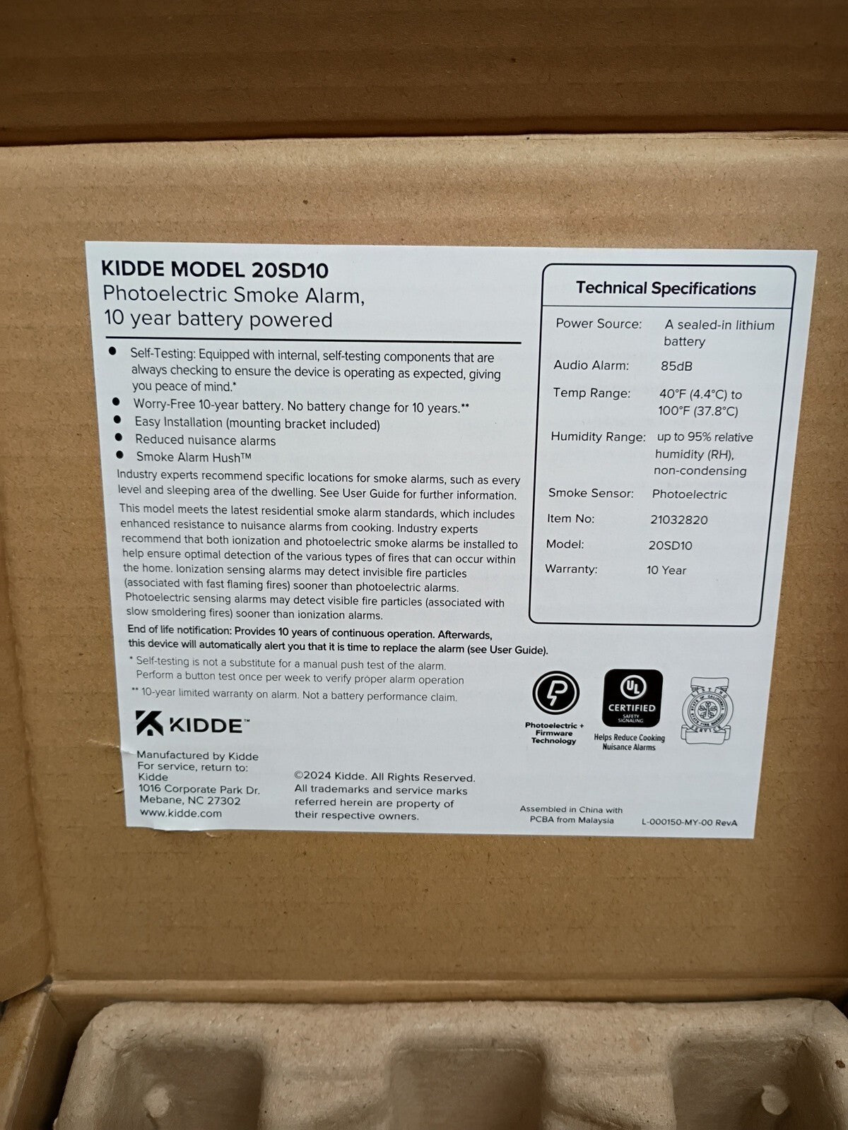 Kidde 20SD10 Smoke Detector 10-Year Battery Powered LED Warning Light, OPEN BOX