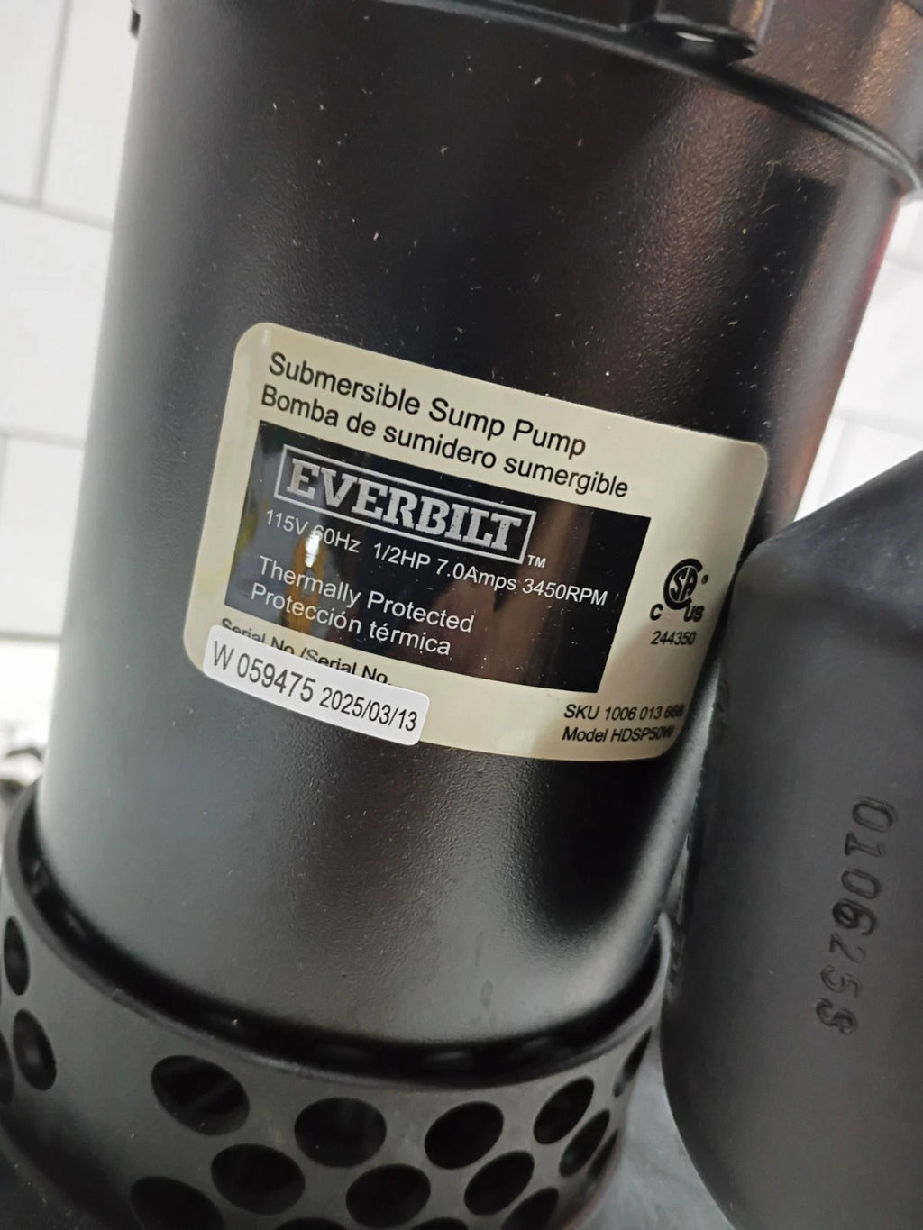 Everbilt HDSP50W 1/2 HP Submersible Aluminum Sump Pump with Tethered Switch, OB