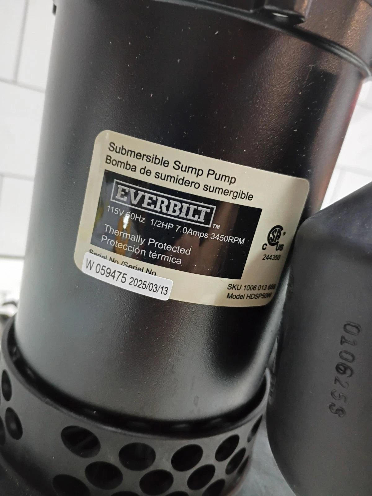 Everbilt HDSP50W 1/2 HP Submersible Aluminum Sump Pump with Tethered Switch, OB