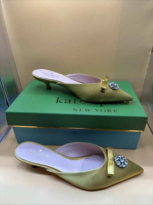 Kate Spade Darlene Mules Wmn 6.5M Roasted Maize Yellow Satin New Brooch Bow READ