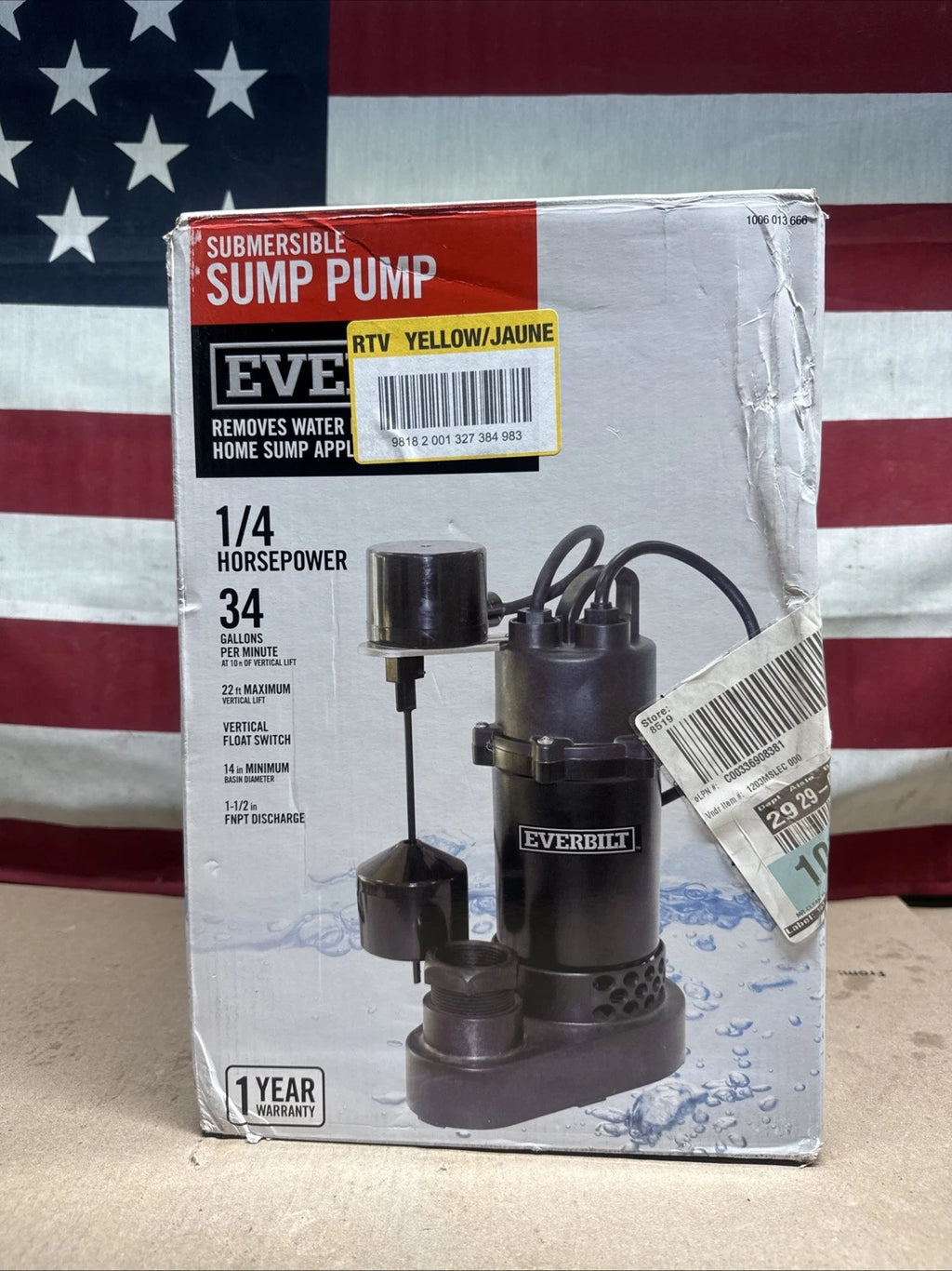 Everbilt HDSP25V 1/4 HP Aluminum Submersible Sump Pump Vertical Switch Open Box