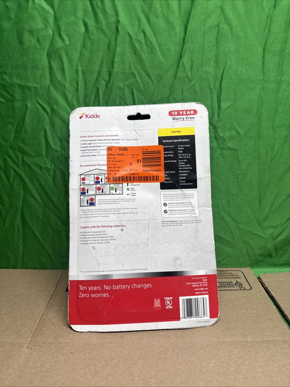 New - Kidde Worry Free Ten Year Life Smoke Alarm W/ Safety Light Model P3010H