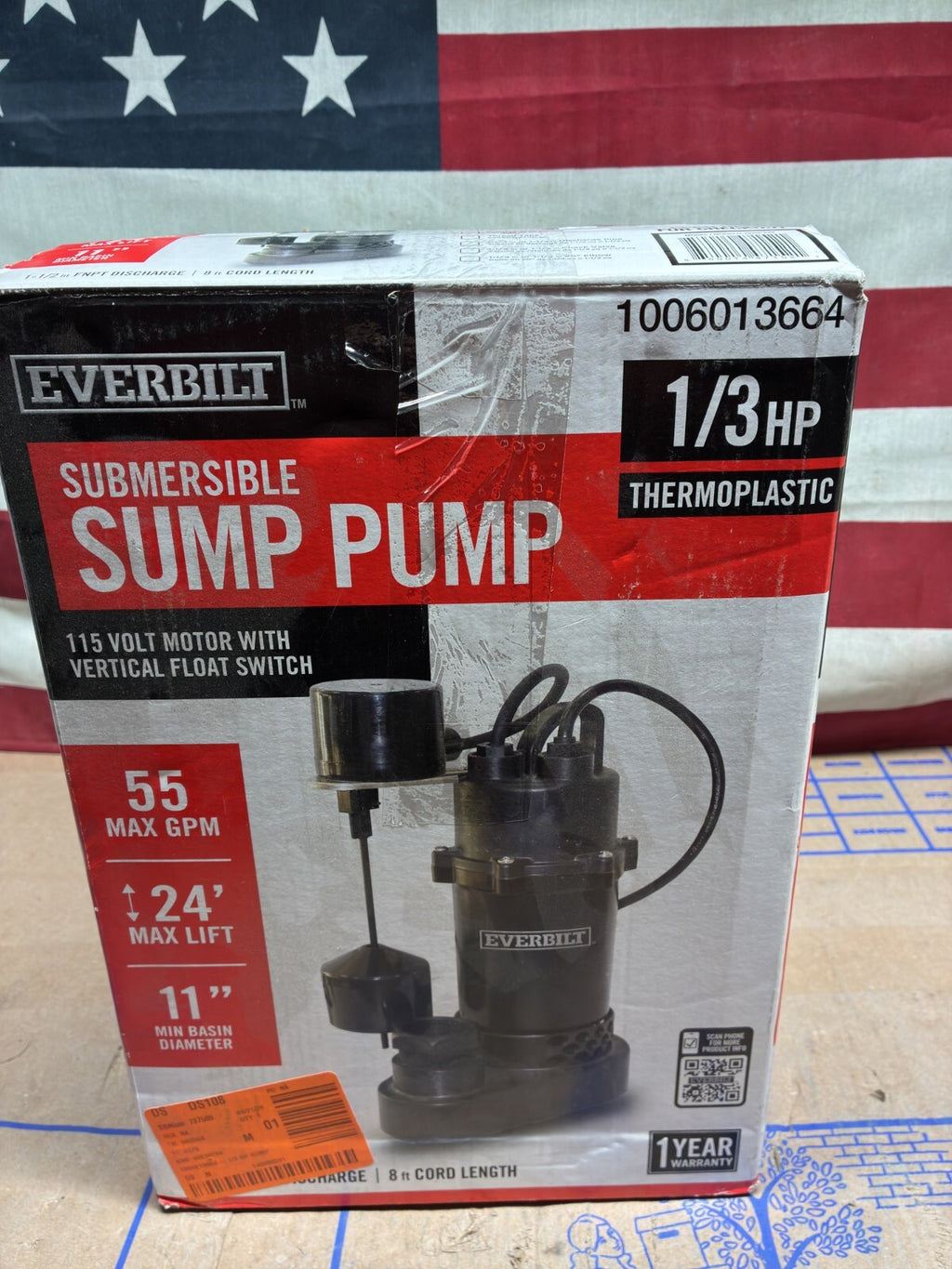 Everbilt HDSP33V 1/3 HP Aluminum Sump Pump Submersible Vertical Switch used