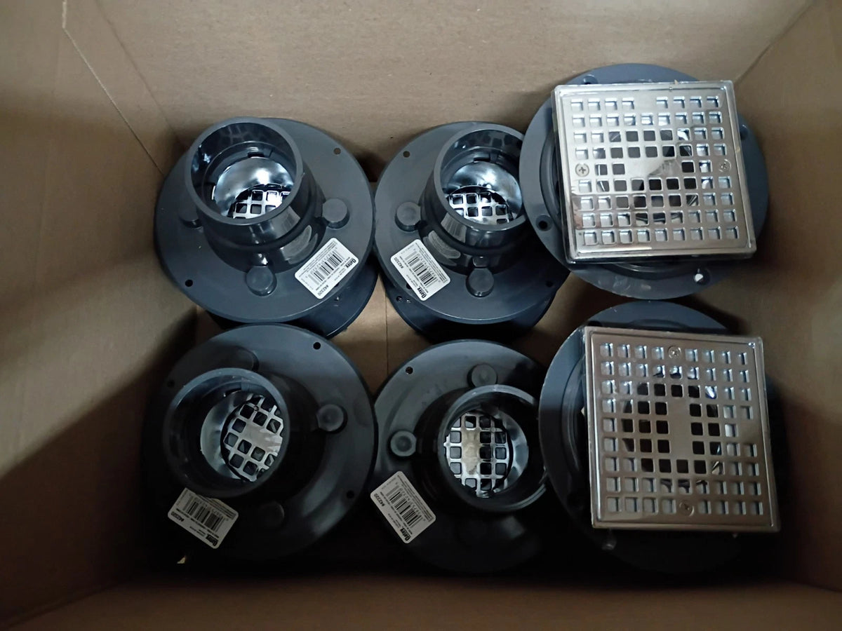 10PK Oatey Round PVC Shower Drain W/ 4-3/16" Square Screw-In Chrome Drain Cover