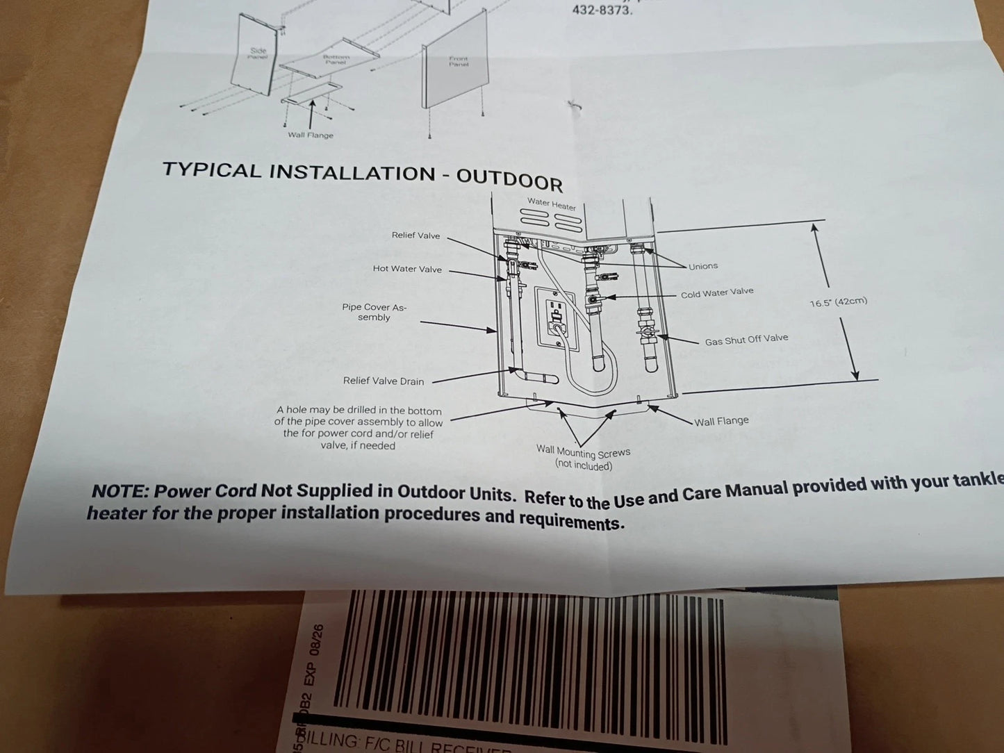Rheem RTG20330AJ Tankless Gas Water Heater Pipe Cover Assembly.