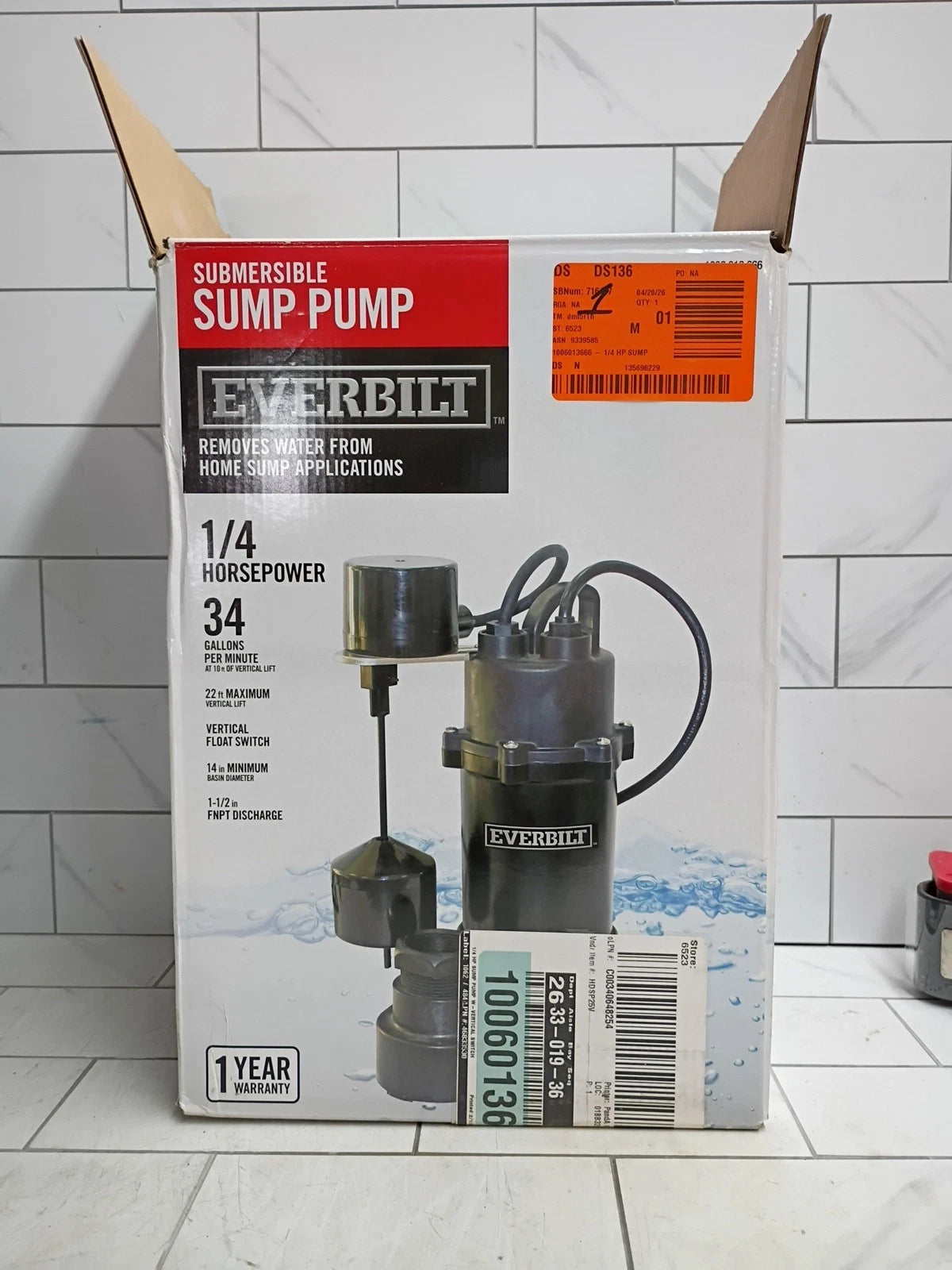 Everbilt HDSP25V 1/4 HP Aluminum Submersible Sump Pump Vertical Switch Open Box