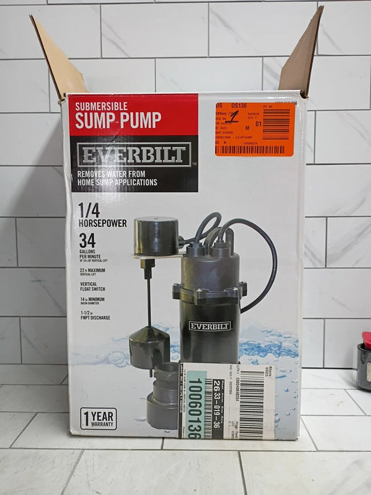 Everbilt HDSP25V 1/4 HP Aluminum Submersible Sump Pump Vertical Switch Open Box