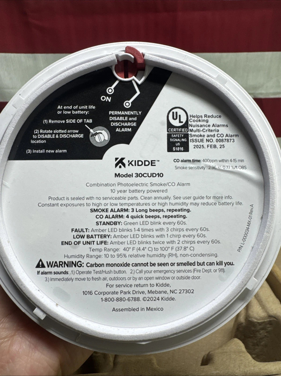 Kidde Smoke & CO Detector, 10-Year Battery, LED Warning .Indicators 30CUD10.